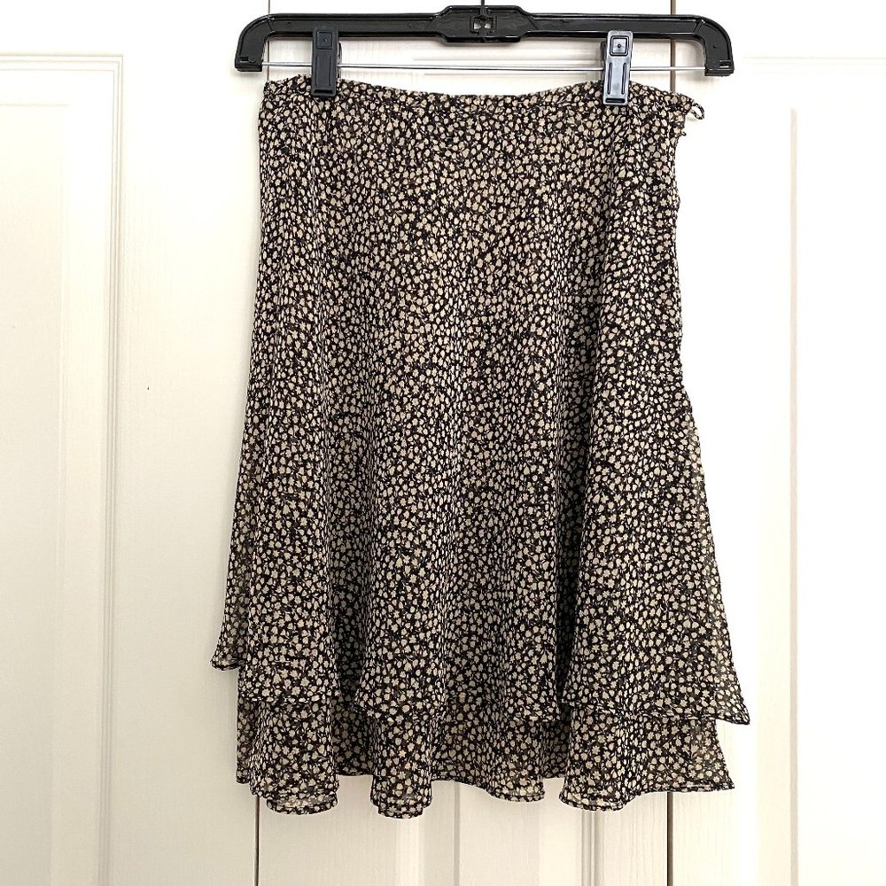 Vtg Express Campagnie Internationale Mini Skirt Flowy Floral Chiffon Tan Black S